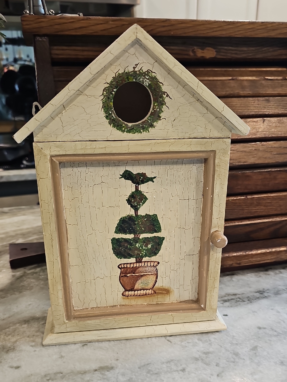 Decorative Cream Wooden Birdhouse Wall Cabinet SHELF with Topiary Motif 11"×8"
